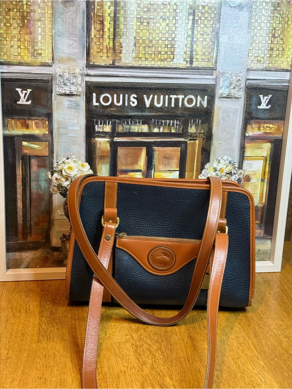 Vintage Dooney & Bourke Blue Pebbled Leather Shoulder Bag with Brown Trim
